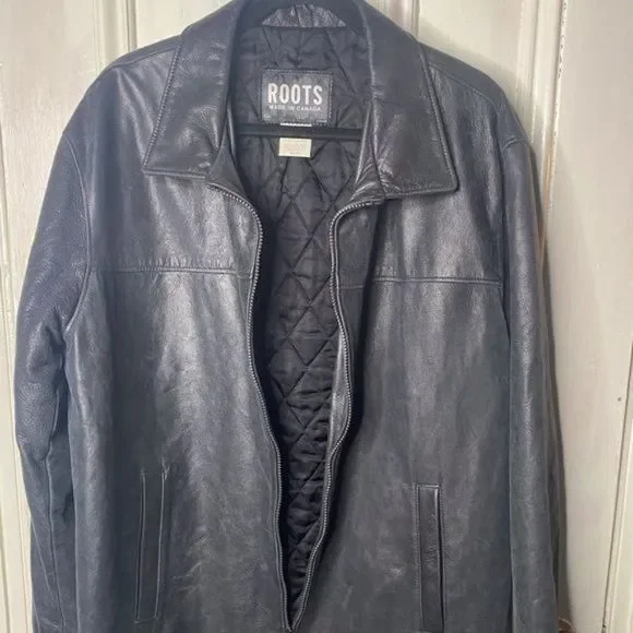 Roots “Richard” Leather Car Coat Vintage Black Treated size L Zip Front Y